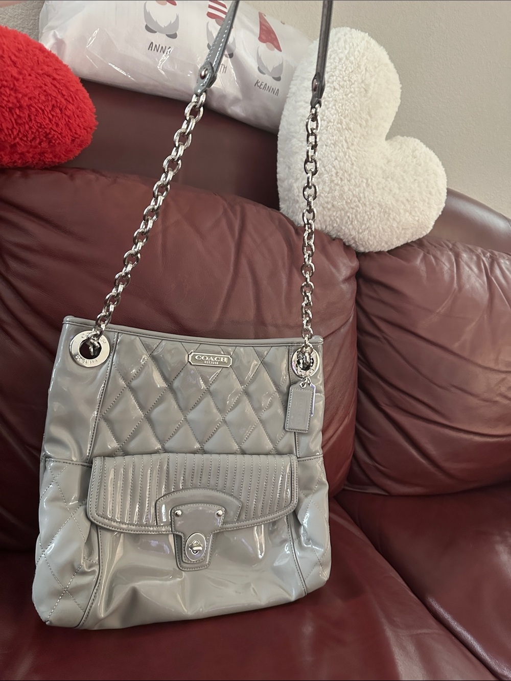 Coach Quilted Patent Leather Shoulder Bag in Light Gray